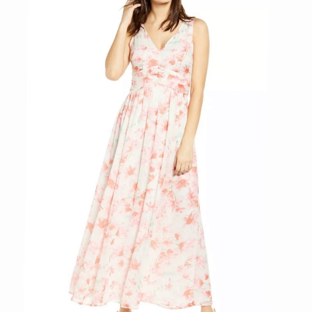 Leith Floral Ruched Waist Chiffon Dress